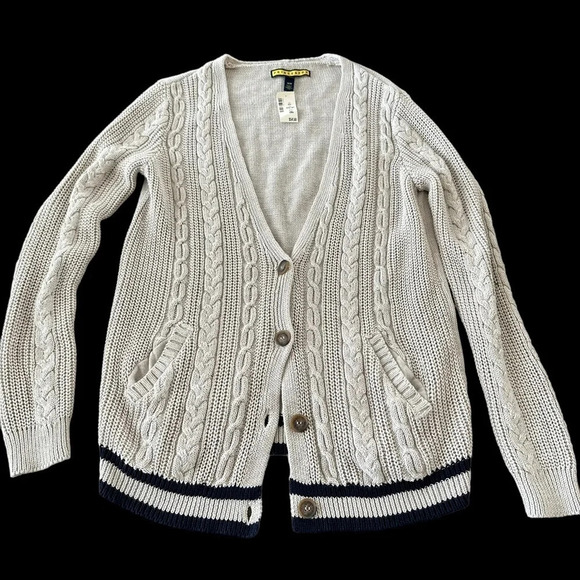 NWT Prince & Fox Medium Cable Cardigan Sweater Grandpa Oatmeal Navy New Longline - Picture 1 of 5